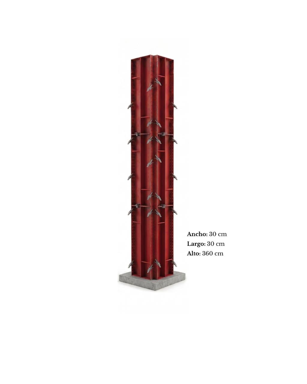 Torre de andamio con un trabajador en la plataforma superior, con medidas de altura y base.