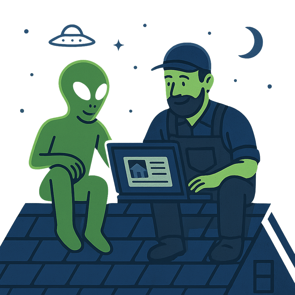 Handyman looking at computetr with alien