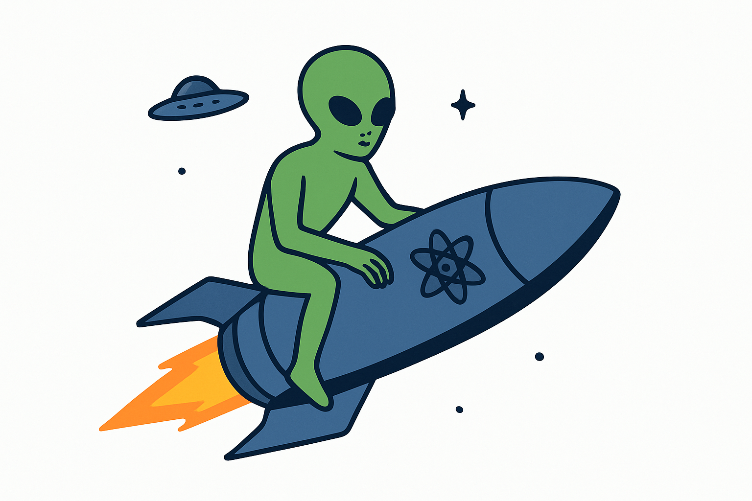 Green alien riding a blue rocket ship in space, with a UFO.
