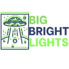 Green and blue illustration of a UFO beaming light, with “BIG BRIGHT LIGHTS” text.