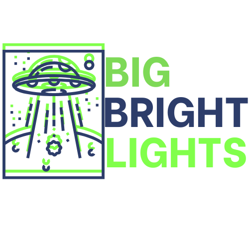 Green and blue illustration of a UFO beaming light, with “BIG BRIGHT LIGHTS” text.