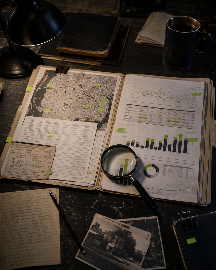 Open campaign case file with a local map, advertising performance charts, and a magnifying glass.
