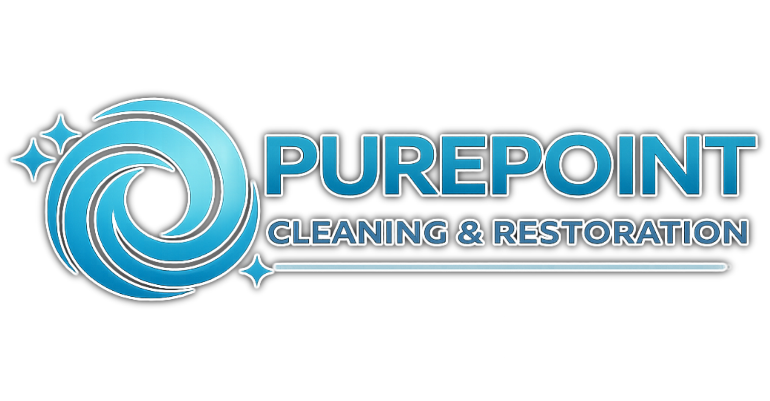 PurePoint Cleaning & Restoration logo with blue swirl icon and teal text on white background