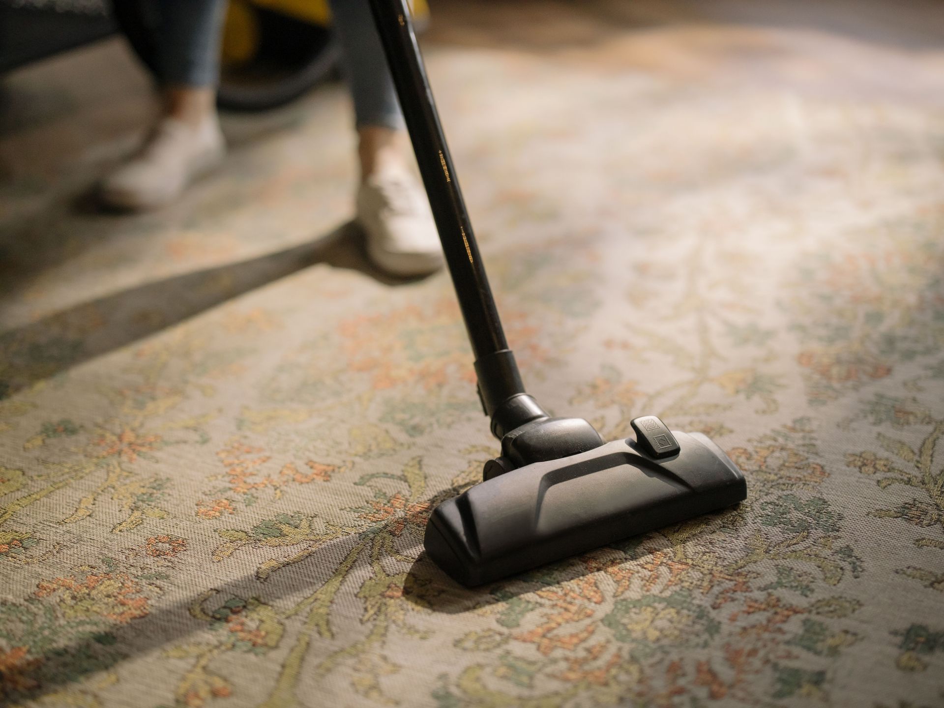 Vacuum cleaner head on patterned carpet with a person standing nearby