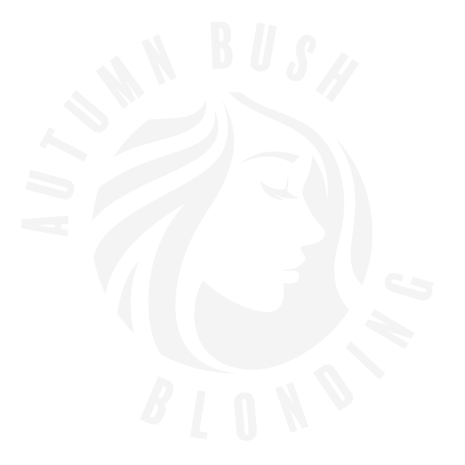 A white logo with a woman 's face and the words `` autumn bush blonding ''.