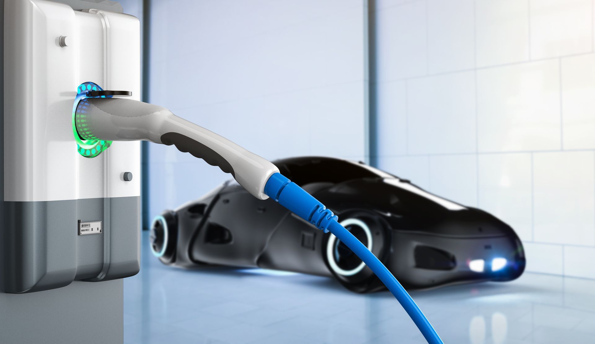 An electric car is being charged at a charging station.