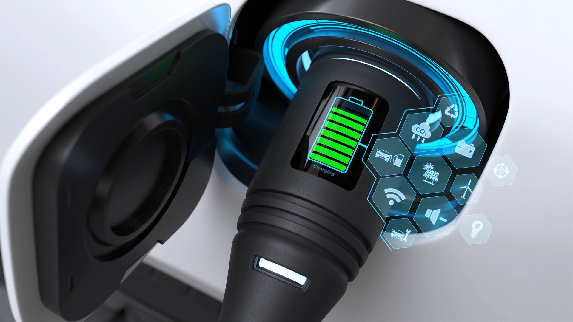 A close up of a charging cable plugged into a car.