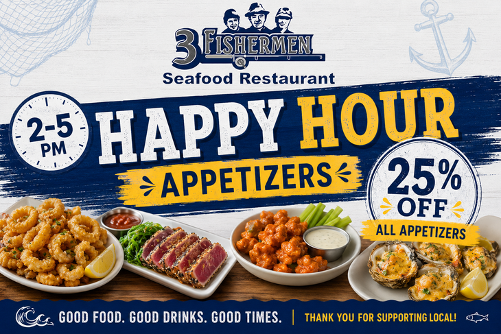 Seafood restaurant happy hour ad with appetizers, 2–5 PM and 25% off all appetizers