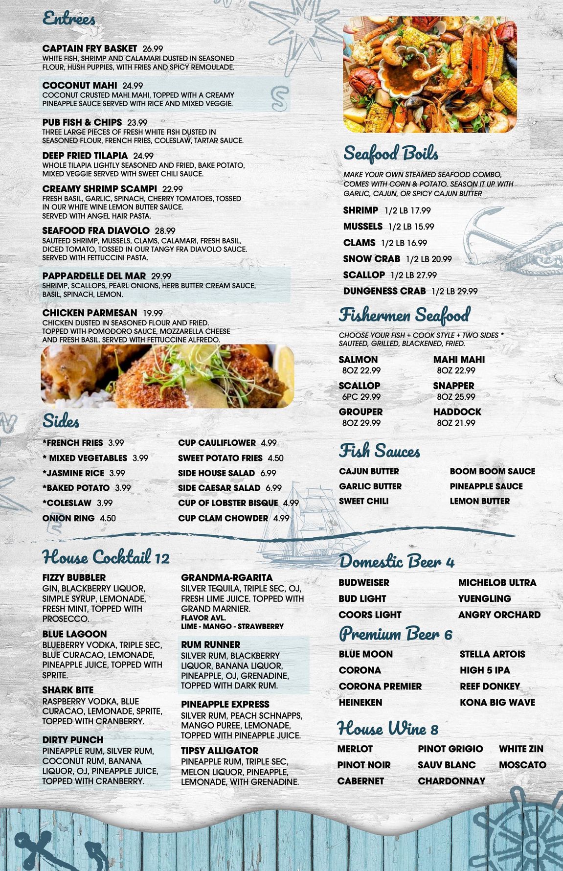 Restaurant menu with seafood, salads, sides, and beverages, set against a blue and white nautical background.