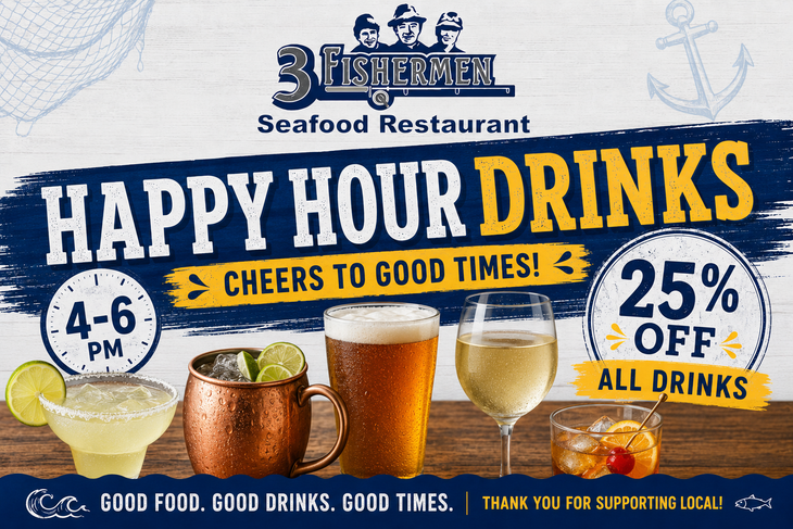 Seafood restaurant happy hour drinks ad with mugs, cocktail glasses, and 25% off all drinks