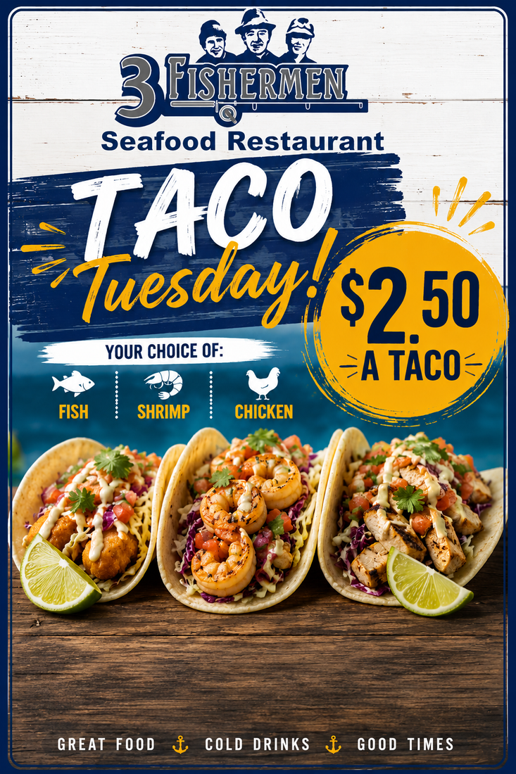Blue Heron Seafood Restaurant Taco Tuesday ad with $2.50 tacos, three tacos, and seafood options.