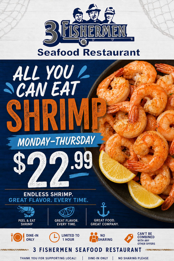 Shrimp restaurant ad: all-you-can-eat shrimp Monday–Thursday, $22.99, with a shrimp platter.