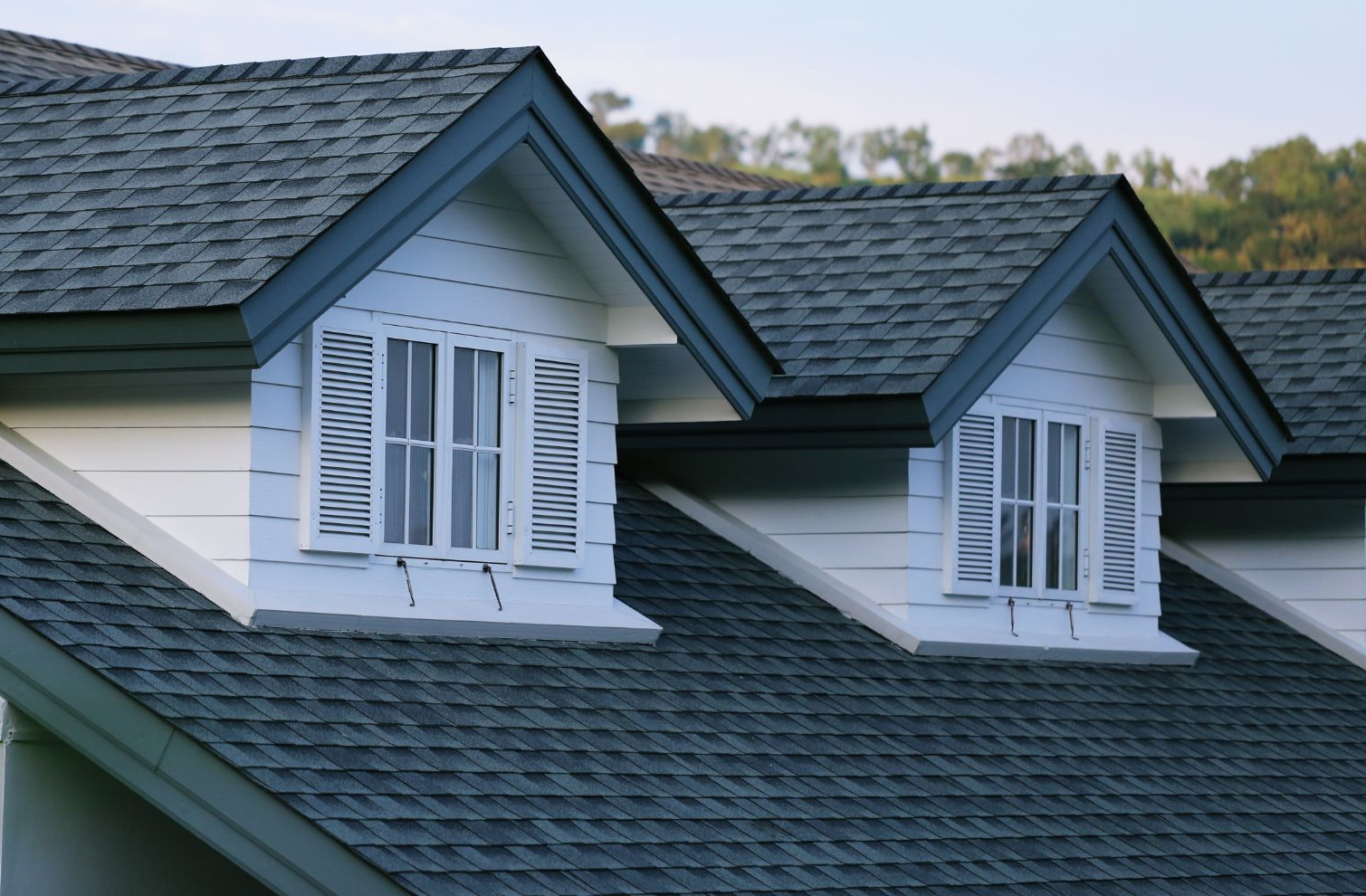A house with a roof that has two windows on it