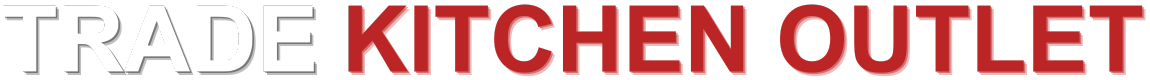 The word trade kitchen outlet is written in red and white on a white background.