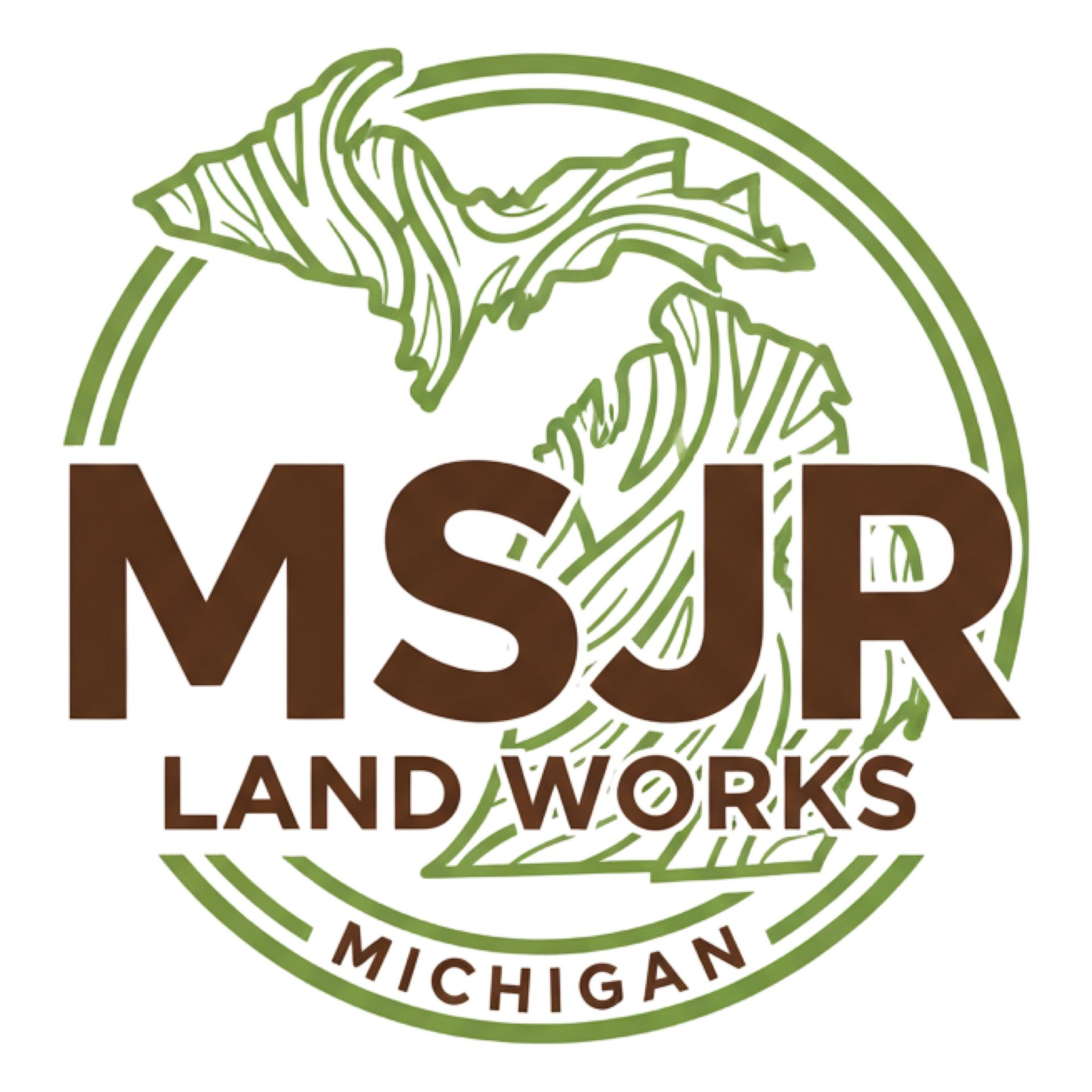 Logo for MSJR Land Works, showing outline of Michigan with text "MSJR Land Works Michigan" in a green circle.