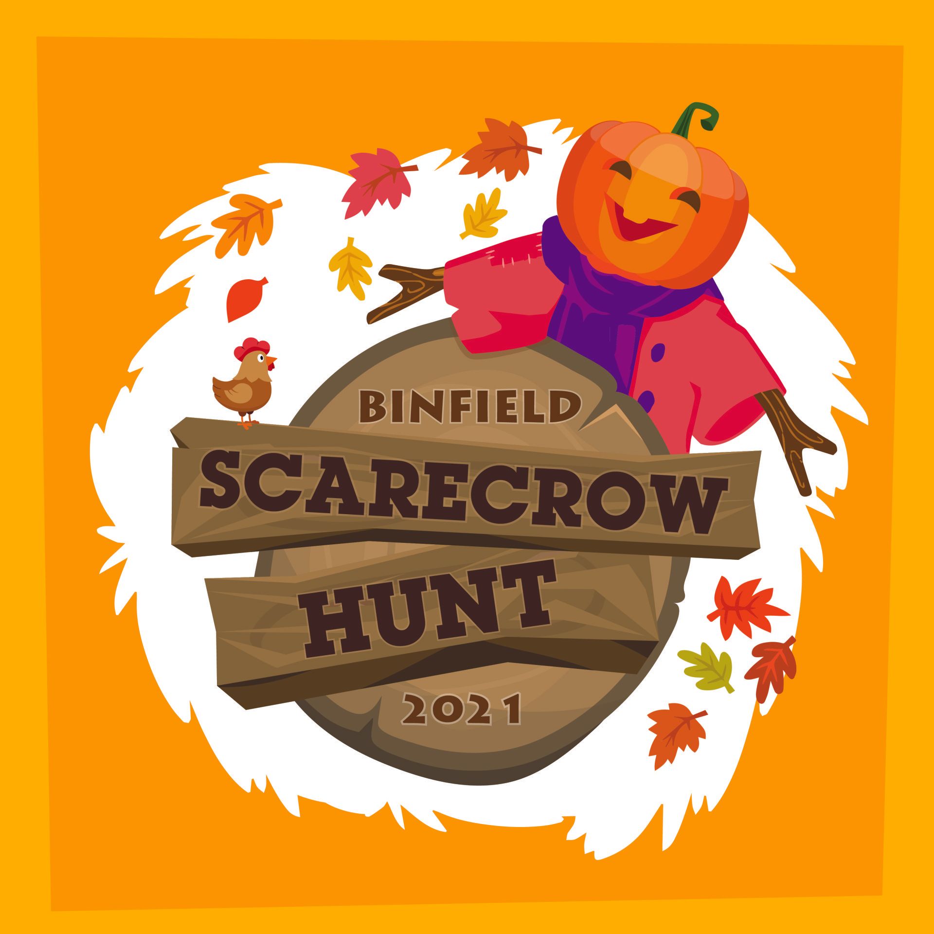 Binfield Scarecrow Hunt 2021 logo with a smiling pumpkin-headed scarecrow, autumn leaves, and a chicken.