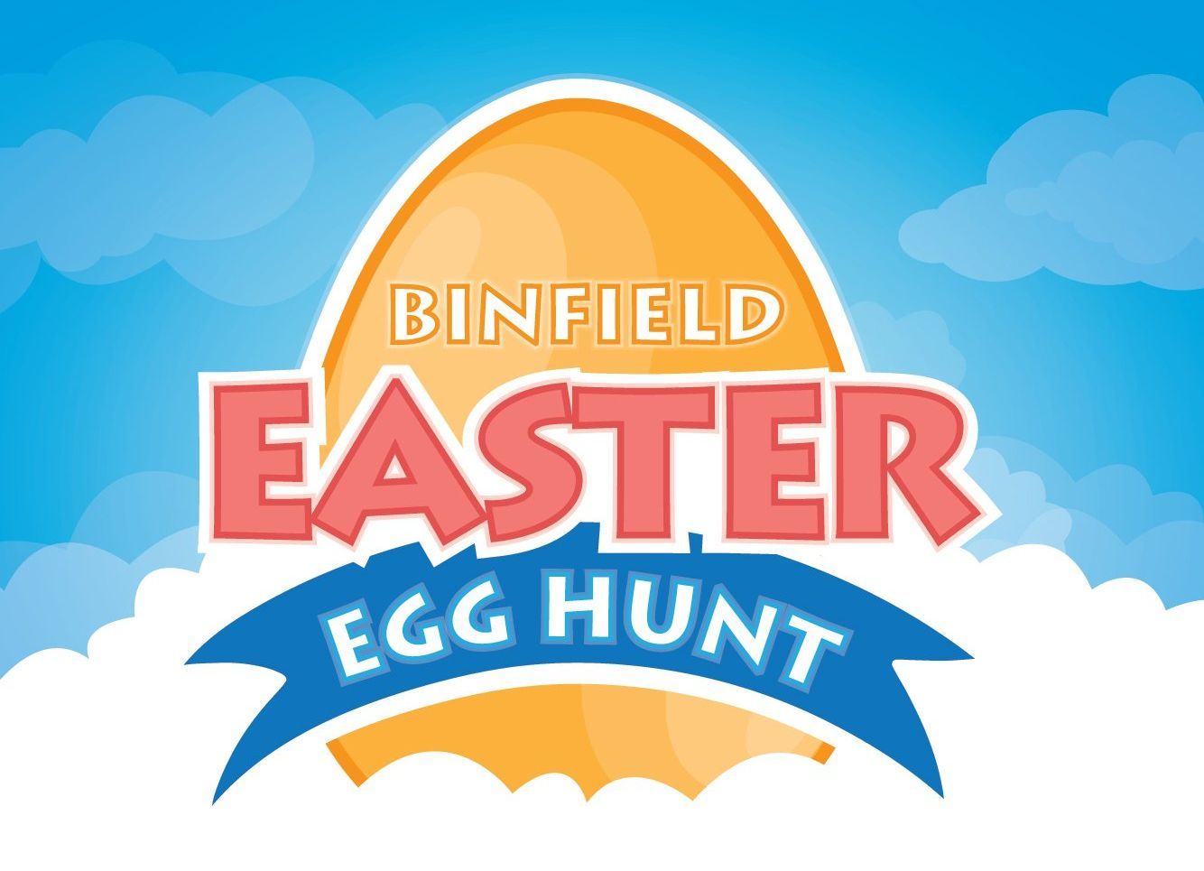 Binfield Easter Egg Hunt logo: egg, blue sky, clouds, red and blue text.