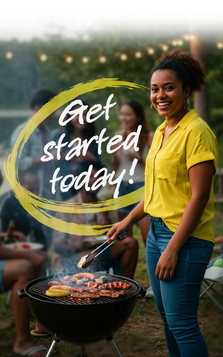 Woman grilling at a barbecue, smiling, with friends in the background; 'Get started today!' text overlay.