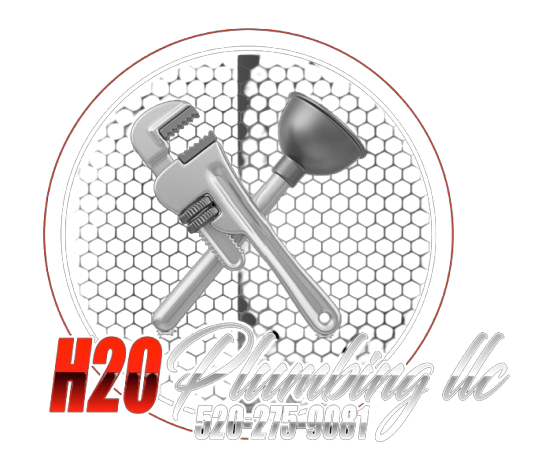 H20 Plumbing LLC Logo for H2O Plumbing LLC with a wrench and plunger crossed over a circular honeycomb pattern.