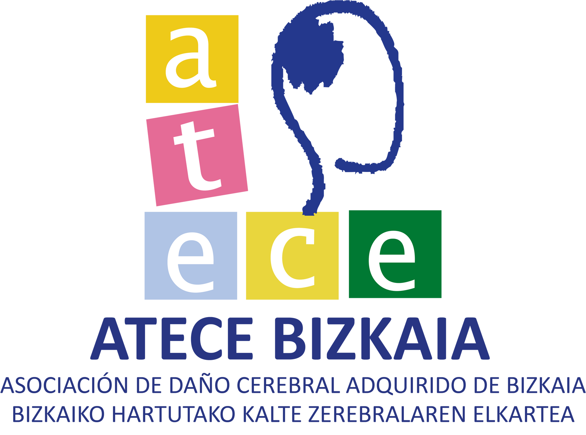Logotipo de ATECE Bizkaia, asociación de daño cerebral adquirido, con bloques de colores apilados y una cabeza estilizada.