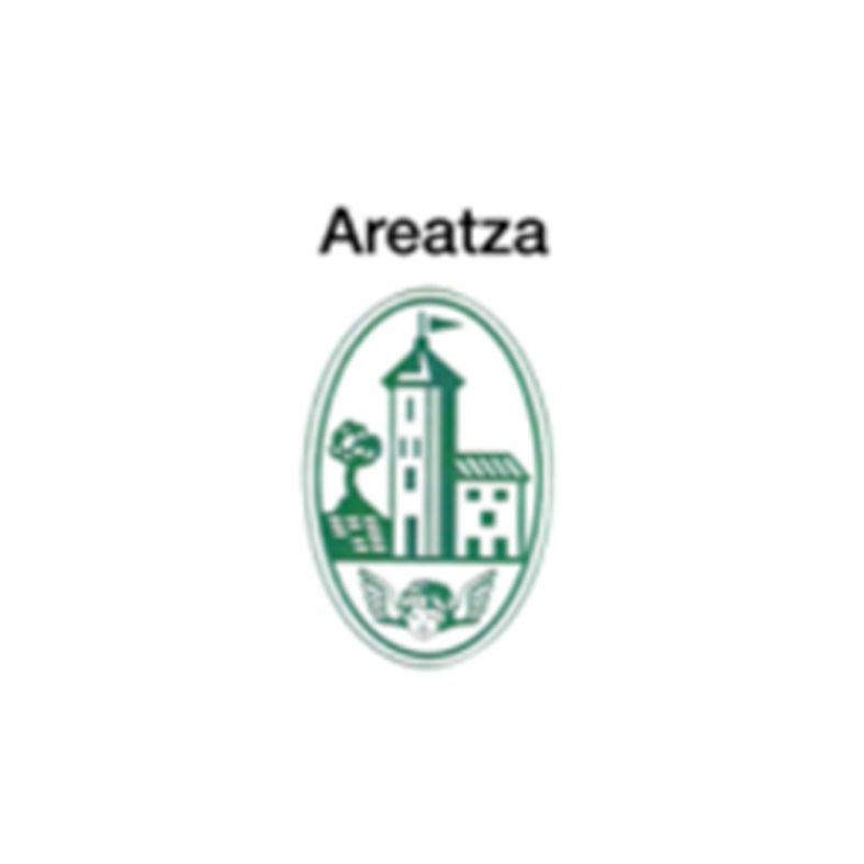 Logotipo de la ciudad de Areatza que presenta un óvalo verde con un edificio blanco, un árbol y alas, con “Areatza” escrito arriba en negro.