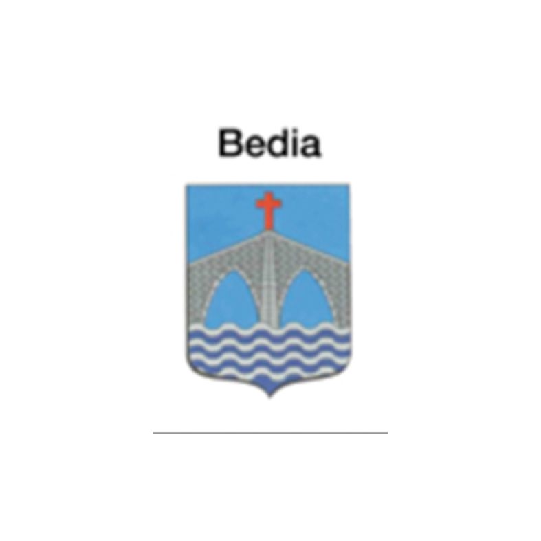 Escudo de armas de Bedia, un municipio de España, con un puente, agua y una cruz.