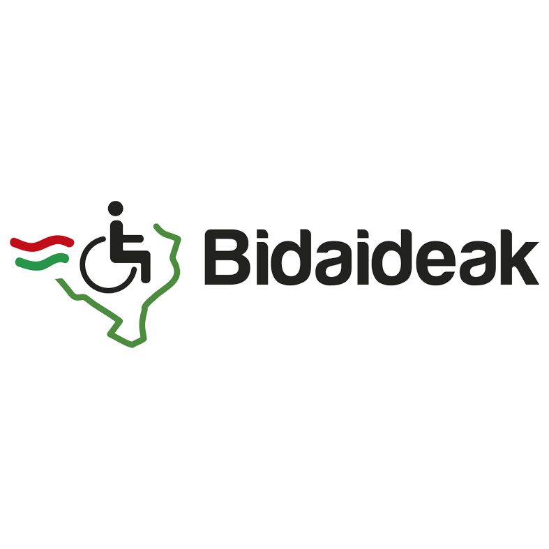 Logotipo de Bidaideak: símbolo de silla de ruedas, contorno de mapa verde, colores de la bandera vasca y texto