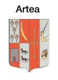 Escudo de Artea, España: Escudo con secciones rojas y grises, presentando símbolos como árboles, media luna y animales.