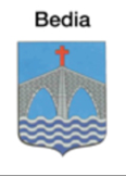 Escudo de armas de Bedia. Un puente sobre el agua, con una cruz en la cima, sobre un escudo azul.