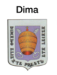 Escudo de armas de Dima, con una tiara papal y texto en latín.