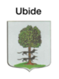 Escudo: árbol verde con tres lobos negros en su base, sobre fondo verde claro; la palabra 
