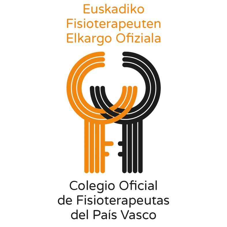 Logotipo del Colegio Oficial de Fisioterapeutas del País Vasco: Diseño de llave naranja y negra, texto en euskera y castellano.