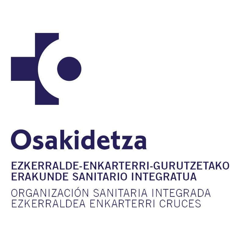 Logotipo de Osakidetza, organización sanitaria, con el símbolo de la cruz y texto en euskera y castellano.