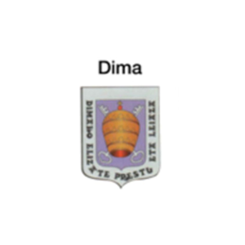 Escudo de armas de Dima, que presenta un barril dorado sobre un fondo morado, con texto en latín sobre un borde plateado.