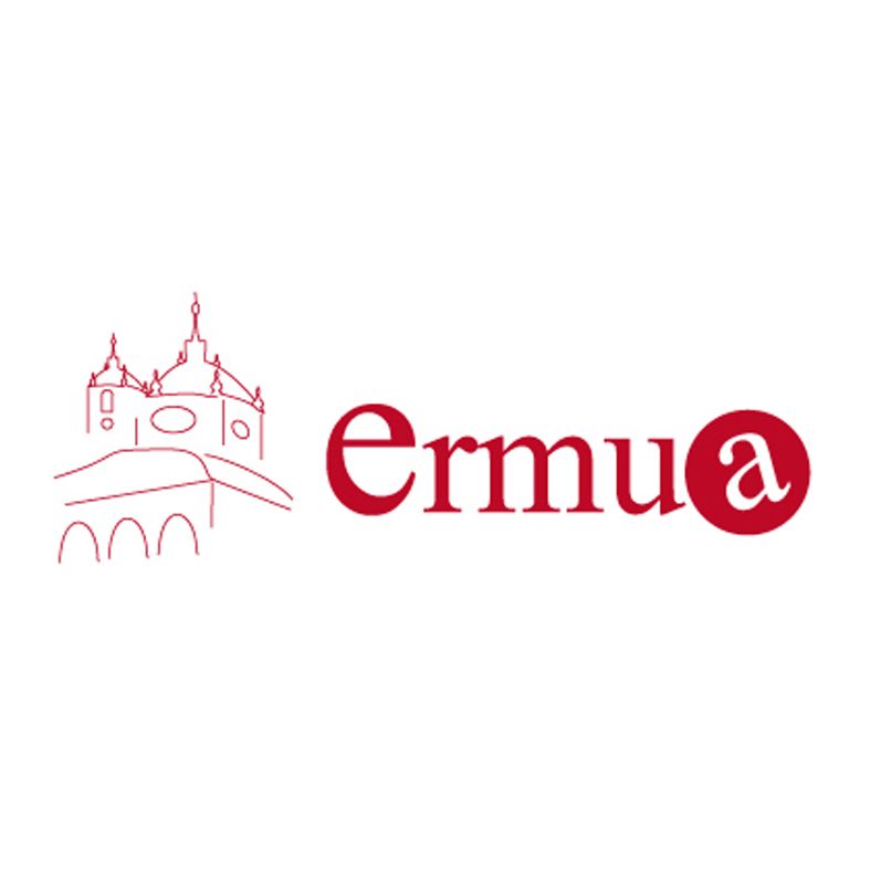 Contorno rojo del edificio de Ermua con el nombre del pueblo. La «a» está dentro de un círculo rojo.