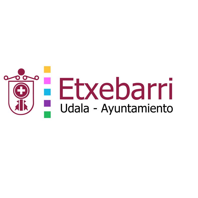 Logotipo del pueblo de Etxebarri: escudo con una cruz, cuadrados de colores y texto