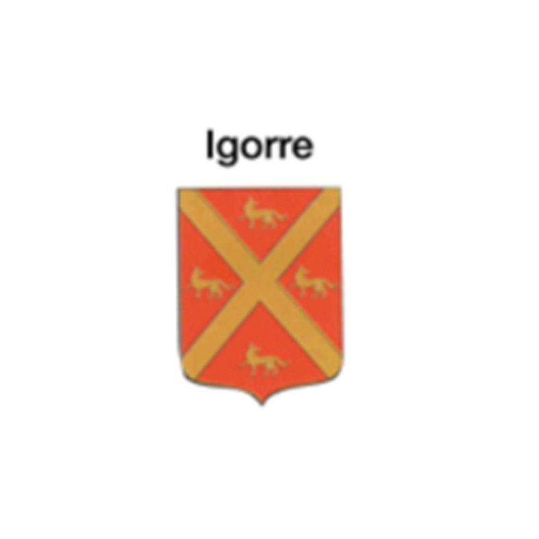 Escudo de armas del nombre Igorre: un escudo rojo con una cruz diagonal dorada y tres ciervos dorados.