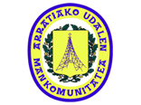 Logotipo de Mankomunitatea Arratiako Udala. Óvalo azul con texto y escudo amarillo con una torre estilizada.