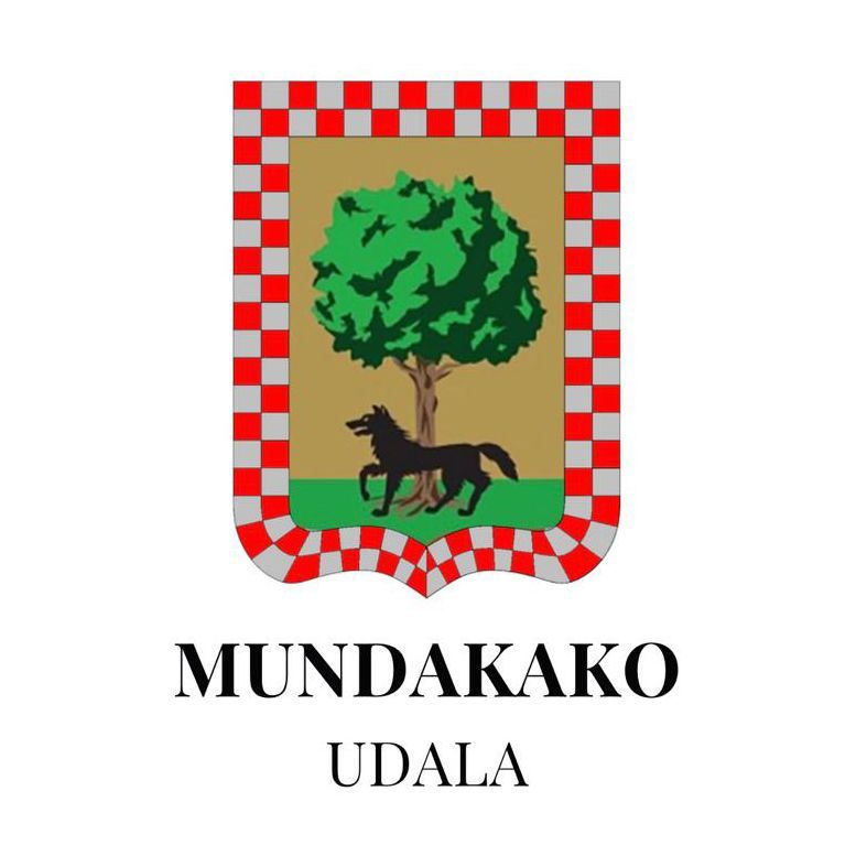 Escudo de armas de Mundaka, España: un árbol con un lobo negro y borde rojo y gris.