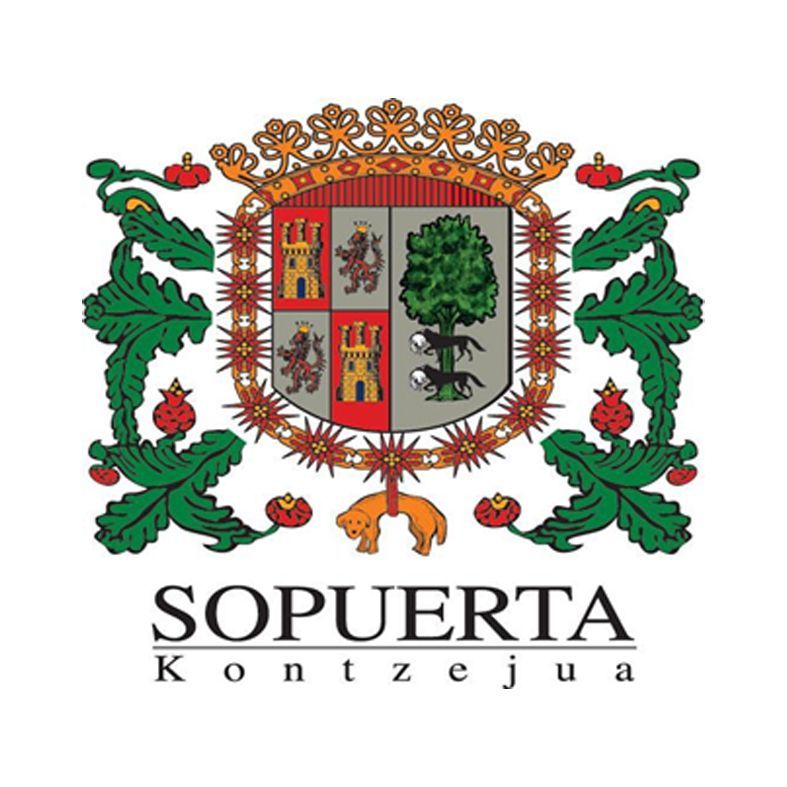 Escudo de armas de Sopuerta, España, que presenta un escudo con castillos, un árbol y animales; detalles en rojo, dorado y verde.