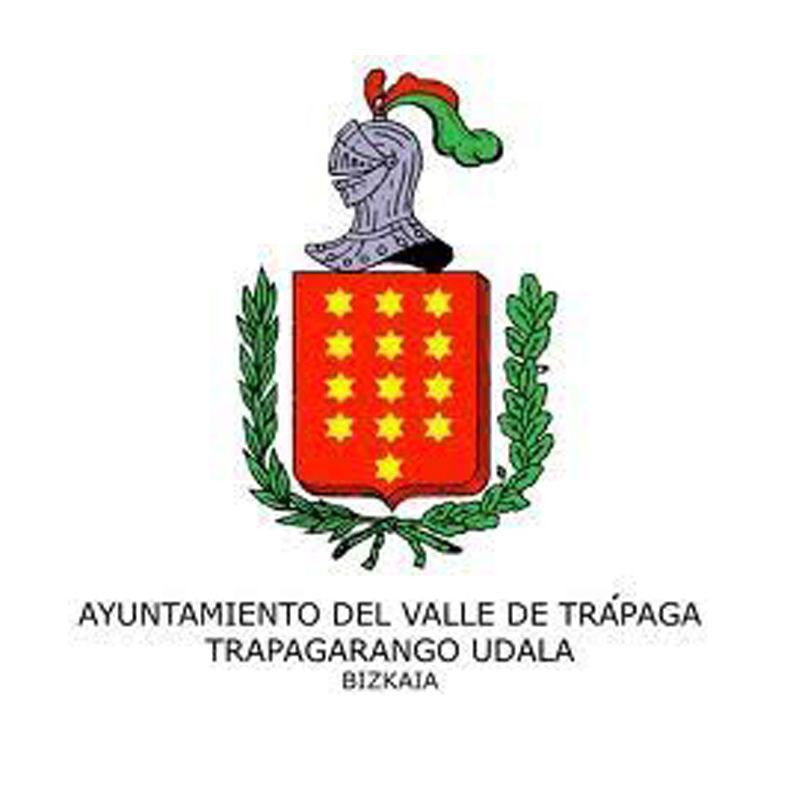 Escudo de armas de Trapagaran, España, que presenta un escudo rojo con estrellas doradas, rematado con un casco y flanqueado por ramas de laurel verdes.