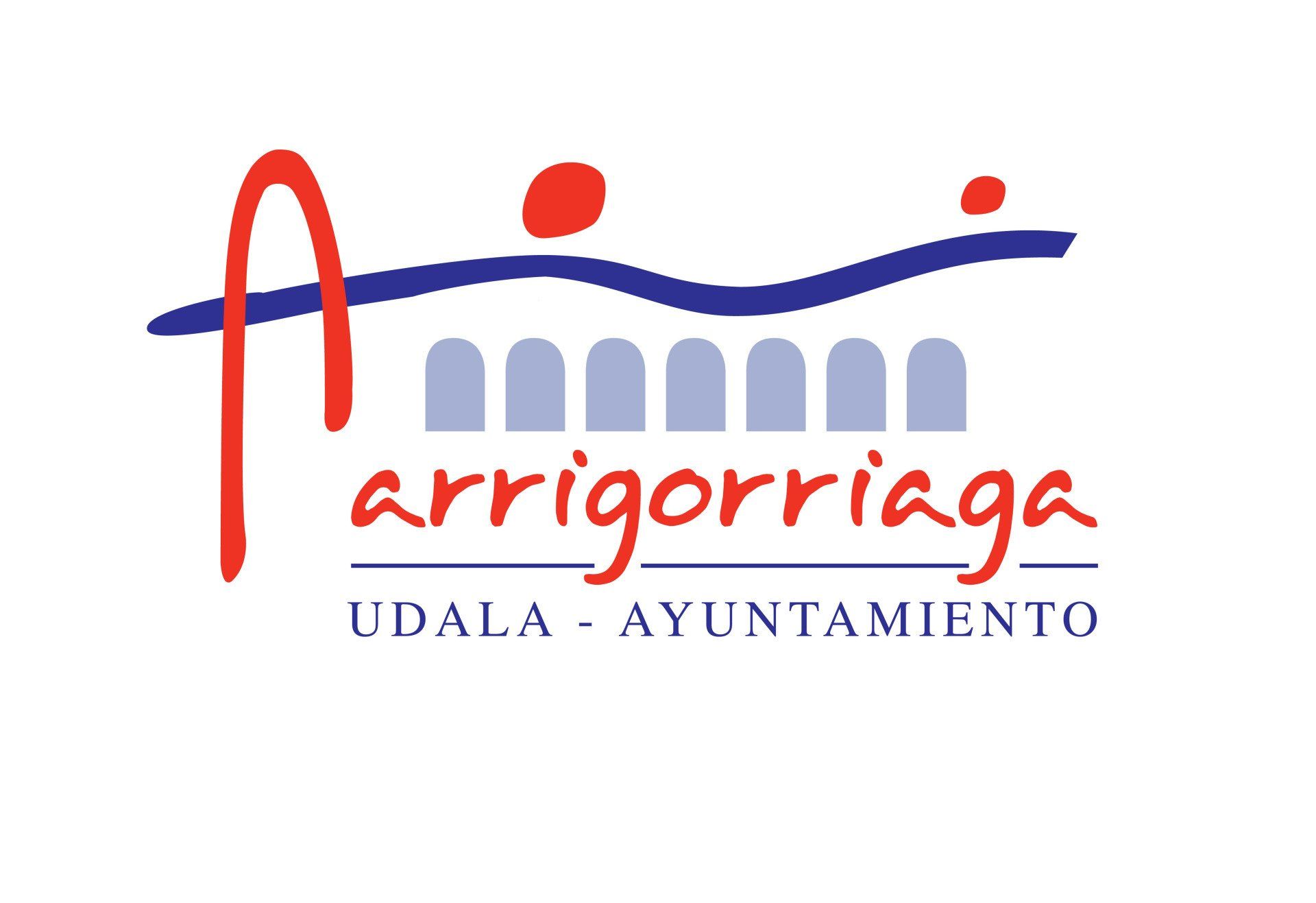 Logotipo de Arrigorriaga, con una «A» roja arqueada sobre texto, línea azul y ventanas arqueadas. Texto «Udala - Ayuntamiento».