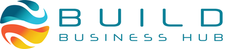 Build Business Hub logo with teal and orange swoosh icon and bold blue text