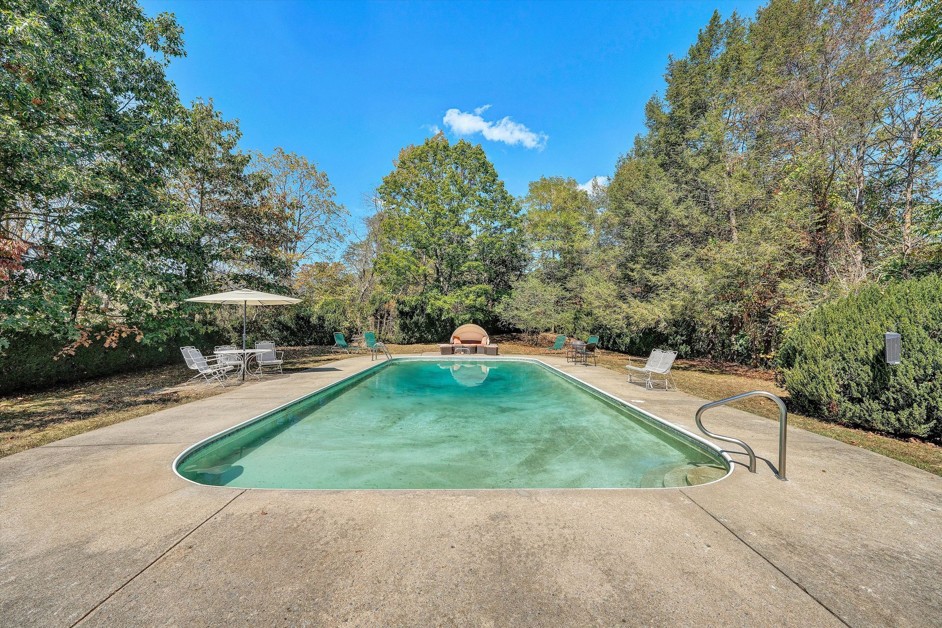 Backyard swimming pool with turquoise water, surrounded by trees and a concrete deck under a blue sky