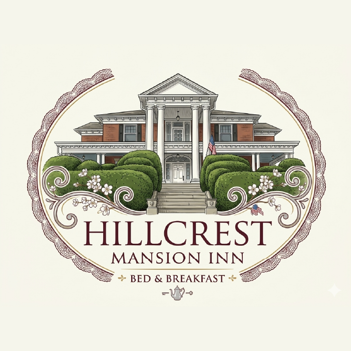 Hillcrest Mansion Inn logo with a mansion illustration and the words &ldquo;Bed & Breakfast&rdquo;
