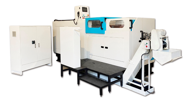 CNC machine with white and blue panels, black platform, and attached conveyor belt.