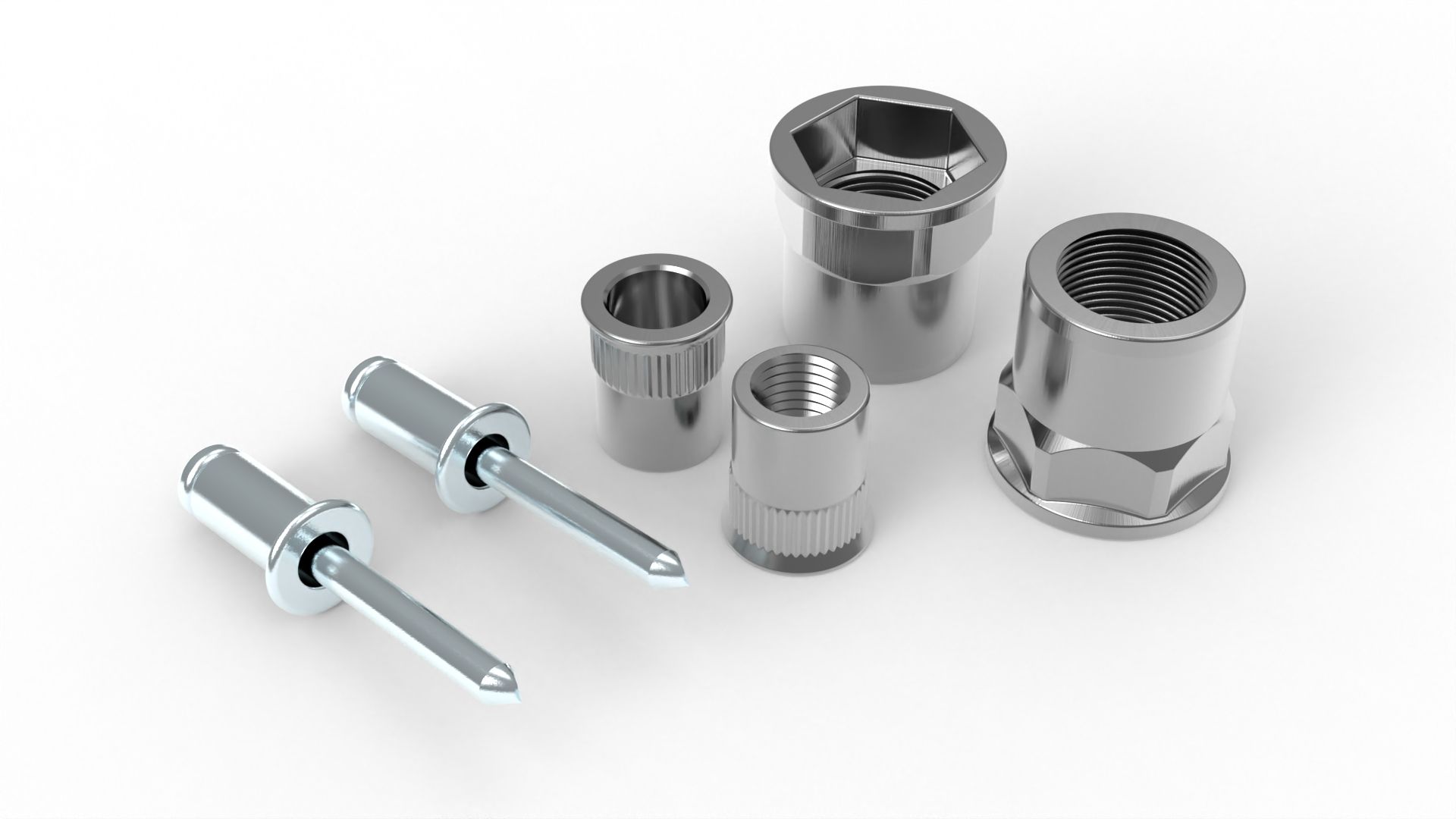 Silver metal rivet nuts and installation tool on white background.