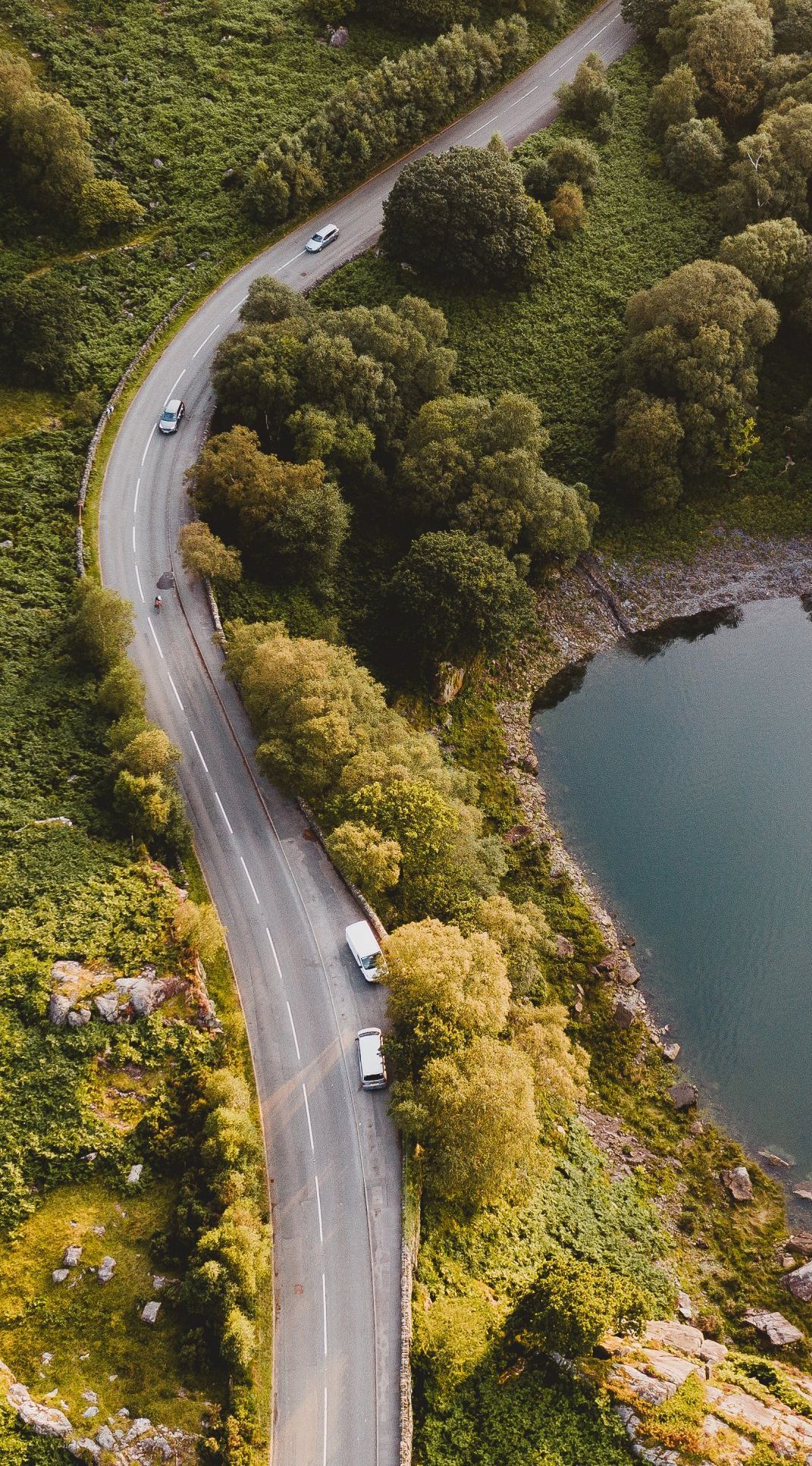 Winding road alongside a lake, with cars driving through a green, wooded landscape.