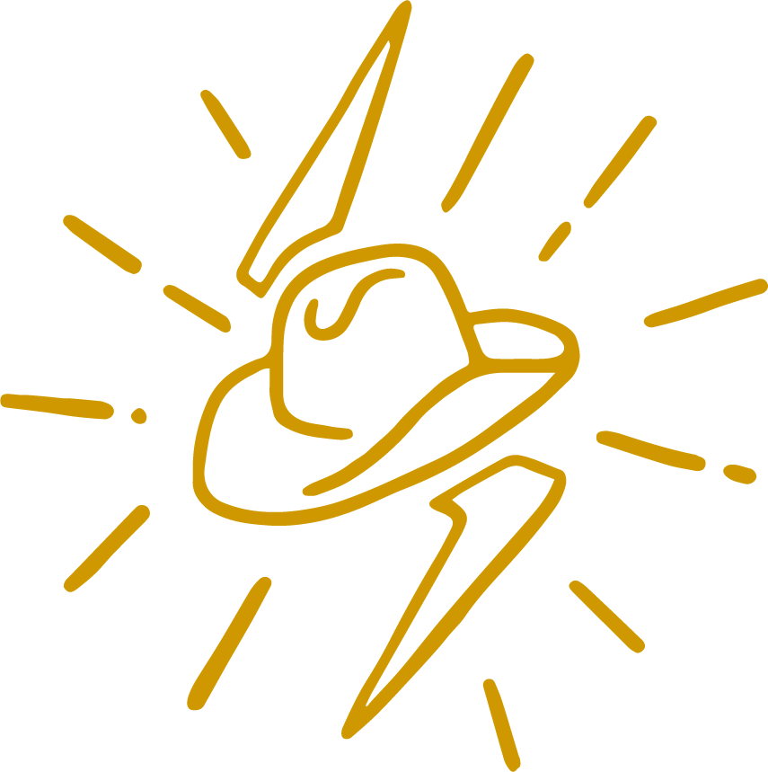 Golden outline of a stylized hat with sparkles, resembling a magic or wizard icon