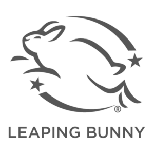 Leaping Bunny logo with a gray rabbit outline and stars above the words “LEAPING BUNNY”
